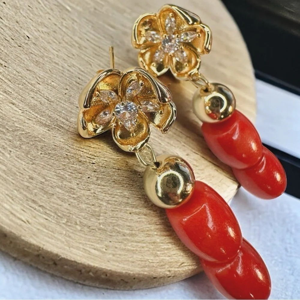 NEW Yellow Gold Blooming Flower Gold Hematite & Red-Orange Natural Coral Earring